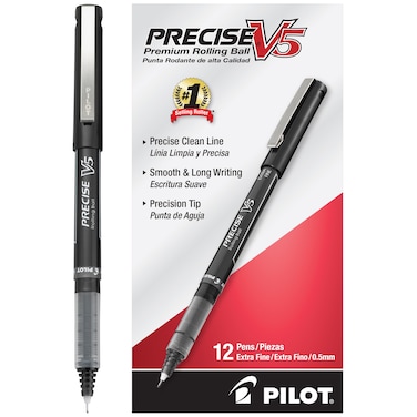 Pilot Precise V5 Capped Liquid Ink Rolling Ball Pens Extra Fine Point 05 mm Black Pack of 12
