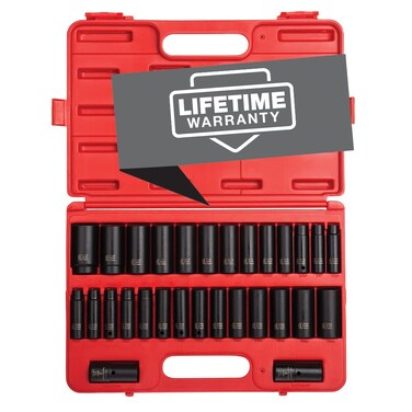 SUNEX TOOLS 5153DD 12 Inch Drive Master Impact Socket Set Double Deep 29Piece SAEMetric 716114 10mm27mm CrMo Steel Radius Corner Design Dual Size Markings Heavy Duty Storage Case