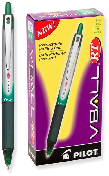 Pilot VBall RT Refillable  Retractable Liquid Ink Rolling Ball Pens Fine Point Green Ink 12Pack 26209