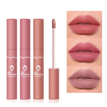 KWOLYKIM 3 Pack Sweet Matte Liquid Lipstick Set Lip Gloss Set Waterproof Long Lasting NonStick Cup Cute Strawberry Matte Velvet Lips Makeup Kit for Women 01