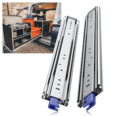 PHWALK 1 Pair 28 32 36 40 48 56 60 Inch 500 Lb with Lock Heavy Duty Drawer Slides Full Extension Locking Industrial Drawer Slides 3 Section Drawer Tracks and Runners Side Mount 3 Wide