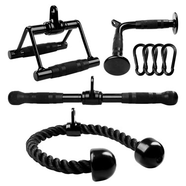Yes4All Black Combo Tricep Press Down Cable Machine Attachment LAT Pulldown Attachments for Gym Set with Tricep Pull Down Rope Double D Handles VShaped Bar and Rotating Pull Down Straight Bar