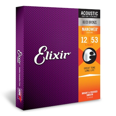 Elixir Strings Acoustic Guitar Strings 8020 Bronze with NANOWEB Coating LongestLasting Bright and Focused Tone with Comfortable Feel 6 String Set Light 1253