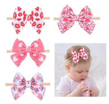 Atvscay Baby Girls Valentines Days HeartShaped Headband Glitter Elastic Flower Headwraps For Valentines Days Infant Toddler Hair Accessories 4pcs
