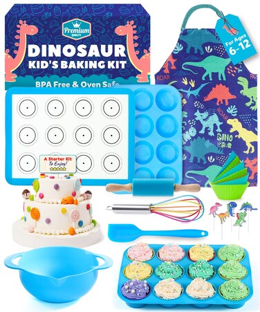 Osmi Complete Kids Baking Set  14pc Dinosaur Chef Baking Kit  Premium Kid Cooking Gift Set w Real Utensils for Boys and Girls 412  Bake Cookies Cakes and Cupcakes Dino Theme