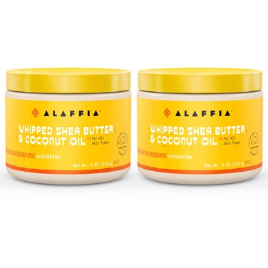 Alaffia Whipped Shea Butter  Coconut Oil Skin Care and Hair Care Nourishing Moisturizer Improves Elasticity and Repairs with Vitamin E Unscented 2 Pack  4 Oz Ea