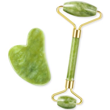 Jade Roller and Gua Sha Tool SetAntiAging Treatment Lifting Massage Suitable for Facial Wrist Neck and Body Muscles to Stimulate Blood Flow and Promote Collagen Formation Green