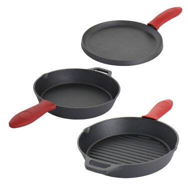 MegaChef Skillet Pan and Griddle PreSeasoned Cast Iron Cookware Set 6 Piece Black Red