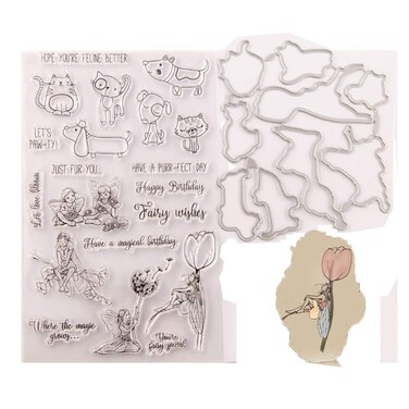 HYbeauty Puppy Kitten Fairy Magical Have a Perfect Day Just for You Rubber Stamps and Cut Dies Set for Card Scrapbooking Making Birthday Clear Stamps and Cutting Dies