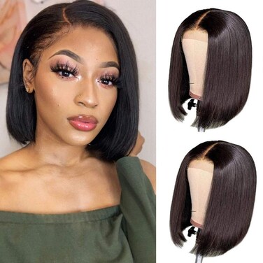 CAITLYN Brazilian Virgin Straight Bob Lace Front Human Hair Wigs for Black Women Glueless Pre Plucked with Baby Hair Short Bob Straight 4x4 Lace Closure Wig 8 inch 150 Density