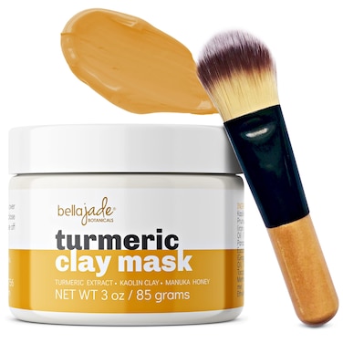 Bella Jade Turmeric Vitamin C Clay Face Mask  Brush for Acne Hyperpigmentation Dark Spots and Anti Aging  with Tumeric Kaolin Clay Organic Aloe Vera and Manuka Honey