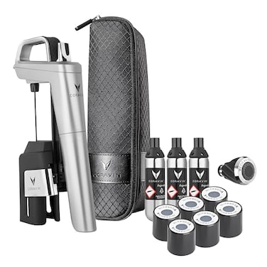 Coravin Timeless Six Plus Wine Preservation System  BytheGlass Wine Saver  With 3 Pure Argon Gas Capsules 6 Screw Caps  Wine Aerator  Silver