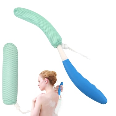 1535 Back Bath Brush with SpongeBack Scrubber Bath Mesh with AntiSlip Curved Long Handle Bath Body Brush for Elderly Aid Bathing and Shower