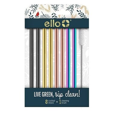 Ello 8Pack Stainless Steel Reusable Cocktail Straws with Cleaning Brush