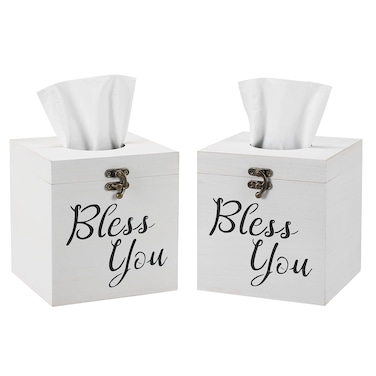 Jorikchuo Bless You Tissue Box Cover Set of 2 Wood Tissue Box Cover Square Farmhouse Toilet Paper Holder Classic White