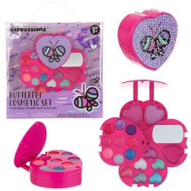 Expressions Kids Makeup Kit for Girls Rhinestone Butterfly Beauty Set Princess Real Washable Cosmetic Pretend Play Toys