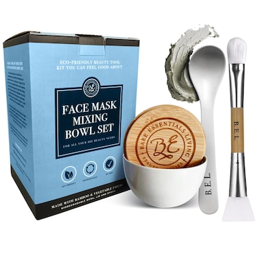 Bare Essentials Living  Clay Face Mask Mixing Bowl Set Skin Care Kit Facial Bowls with Bamboo Lid Face Mask Spoon  Dual Sided Face Mask Brush Applicator for DIY Clay Mask Facials  Hair White