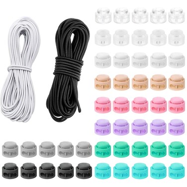 50 PCS Plastic Cord Locks with 22 Yards Elastic Shock Rope Toggle Double Hole Spring Rope Cord Locks Clip Ends Spring Stopper Sliding Fastener Buttons for Shoelace Replacement Sports Backpacks