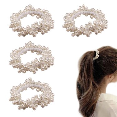 QULSE Pearl Hair Ties White Weave Hair Scrunchies Stretch Hair Rope Accessories for Women and Girlswhite