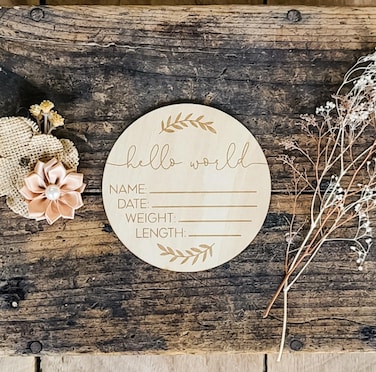 AMOS and SAWYER Hello World Leaf Wooden Birth Announcement Sign Newborn Photo Prop Party Decoration