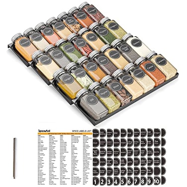 SpaceAid Spice Drawer Organizer with 28 Spice Jars 386 Spice Labels 4 Tier Seasoning Rack Tray Insert for Kitchen Drawers 13 Wide x 175 Deep