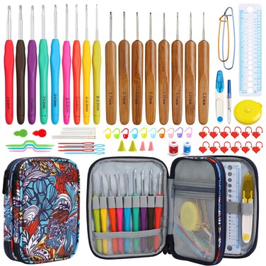 Looen New Set Crochet Hooks Set 62pcs Crochet Kit 9pcs Rubber Handles Hook 20MM6MM and 9pcs Aluminum Hooks Hook 12pcs Lace Hooks Comfort Grip for Arthritic HandsAccessories Included A  Blue