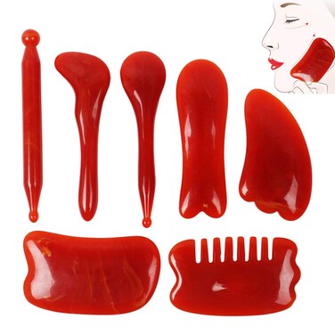 Vanchief 7Pcs Gua Sha Massage Tools Natural Resin Amber Guasha Scraper Facial Tendon Stick Eye Beauty Stick Acupuncture Scrapper For Facial And Body Massage Health Care Beauty Scrape Plate Agate Red