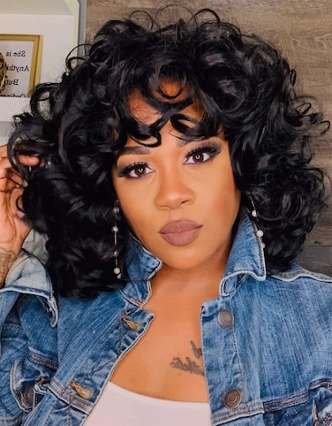 KEAT Wigs for Black Women 14 Short Curly Kinky Wig with Bangs Black Big Curly Afro Wigs for African American Cute Natural Synthtic Soft Wigs for Daily Party K001BK