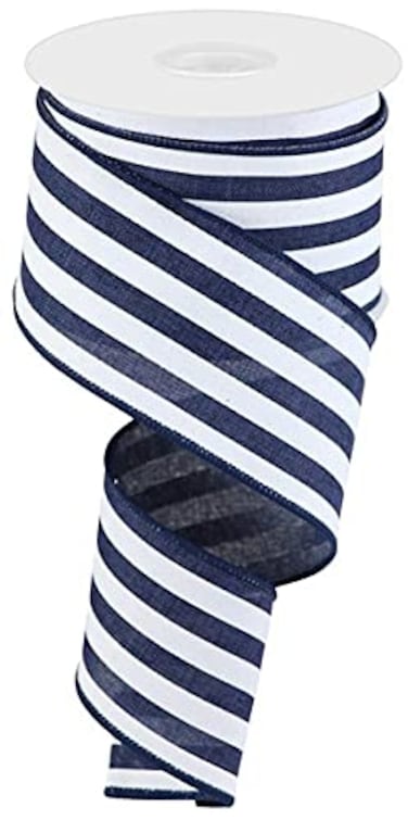 Vertical Stripe Wired Edge Ribbon  10 Yards Navy White 25 Inch