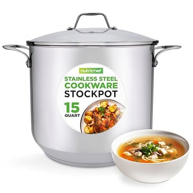 NutriChef Stainless Steel Stock Pot188 Food Grade Heavy Duty InductionLarge Stew Simmering Soup See Through Lid Dishwasher Safe NCSP16 15 Quart Pot