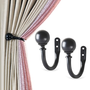 Deco Window 2 Pcs Curtain Holdback for Curtains Wall Mounted Metal Drapery Holder Hook for Door Window Treatment Black Matte