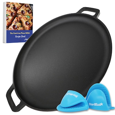 16 Inch Cast Iron Pizza Pan Round Griddle by StarBlue with FREE Silicone Handles and 30 Recipes Ebook PreSeasoned Comal Kitchen Essentials for Pizza Lovers Baking Grill BBQ Stove Oven Safe