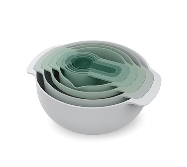 Joseph Joseph Nest 9 Plus 9 Piece Compact Food Preparation Set with Mixing Bowls Measuring cups Sieve and Colander Editions Range Sage Green
