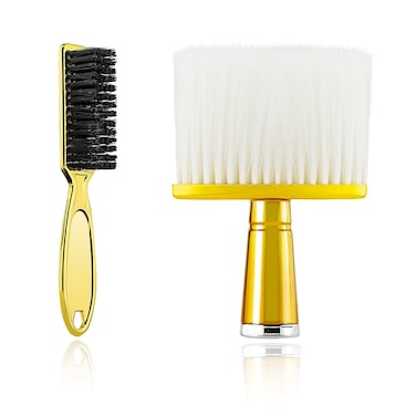 T Hair Brush Set 2 Pieces Gold Including Barber Cleaning Brush  Neck Duster Brush for Barbershop and Home Use