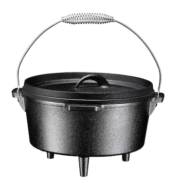 Bruntmor Round Cast Iron Pot PreSeasoned 3 Legged Dutch Oven Pot with Lid 4 Quart with Metal spring Handle Cast Iron Skillet  Campfire Cooking Equipment  Enameled Cast Iron Cookware Set