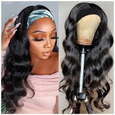 Body Wave Headband Wigs for Black Women Long Wavy Wig with Headband Attached Glueless 24 Inch Synthetic Black Headband Wig for Daily Party Use Black