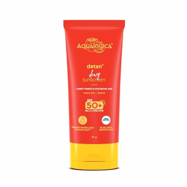 Aqualogica Detan Dewy Face Sunscreen with SPF 50  PA  Blue Light Protection  No White Cast  Fights Sun Damage with Cherry Tomato  Hyaluronic Acid  282 Oz80g