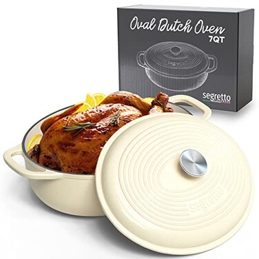 Segretto Cookware Enameled Cast Iron Oval Dutch Oven 7 Quarts White