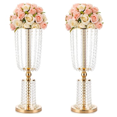 LoveCat 2 Pcs of Silver Wedding Centerpieces Flower Vases Metal Centerpiece Vases244in62cm Home Decor Vases with 2Tier Acrylic Crystal StringsSuitable for DIY Enthusiasts