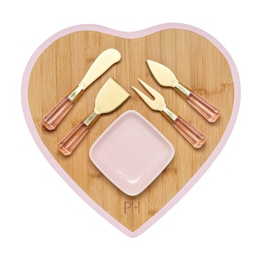 Paris Hilton Charcuterie Board and Serving Set Bamboo Serving Board Ceramic Dish Cheese Utensils with Titanium Coated Blades 6Piece Set Pink