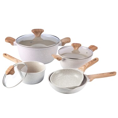 Country Kitchen NonStick Cast Aluminum Cookware Set  Durable Kitchen Cookware for Everyday Cooking Speckled Cream 8 Pc
