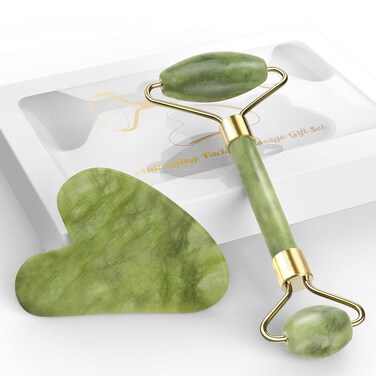 Jade Roller  Gua Sha Set Venste Facial Beauty Roller Skin Care Tools Natural Jade Stone Roller Massager for Face Eyes Neck Muscle Tension Relief and Lymphatic Drainage Green