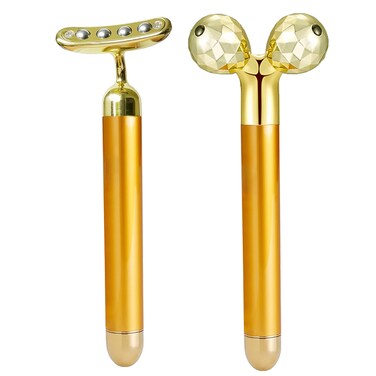 Electric Face Massage Roller Golden 3D Roller Electric Facial Roller and T Shape Facial Roller Massager Kit Electric Massage Roller for Puffiness Relief Gold