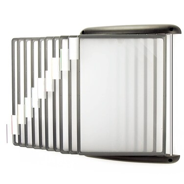 Aidata FDS022L EZ Wall Mount Reference Organizer Black Can display 20 pages of reference sheets Pockets swivel independently of the base to position pages where you want them