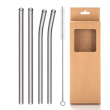 Reusable Glass Straws 8mm Straight Bent Glass Drinking Straws 4 Pcs Straws with Cleaning Brush BPA Free Eco Friendly Glass Straws for Beverages Shakes Milk Tea Juices Cocktail Grey