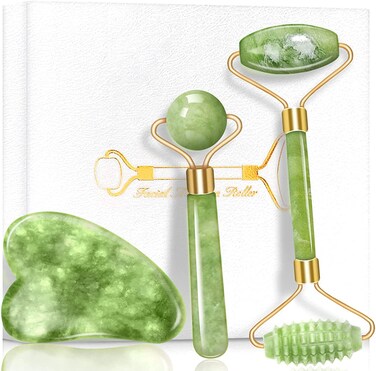 Gua Sha Real Jade Roller Stone Kit 3 in 1 Facial Beauty Roller Skin Care Tools Natural Quartz Anti Aging Massager for Face Eyes Neck Body Muscle Relaxing and Relieve Fine Lines and Wrinkles