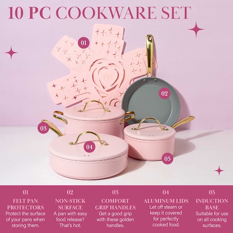 Paris Hilton Iconic Nonstick Pots and Pans Set Multilayer Nonstick Coating Matching Lids With Gold Handles Made without PFOA Dishwasher Safe Cookware Set 10Piece Pink