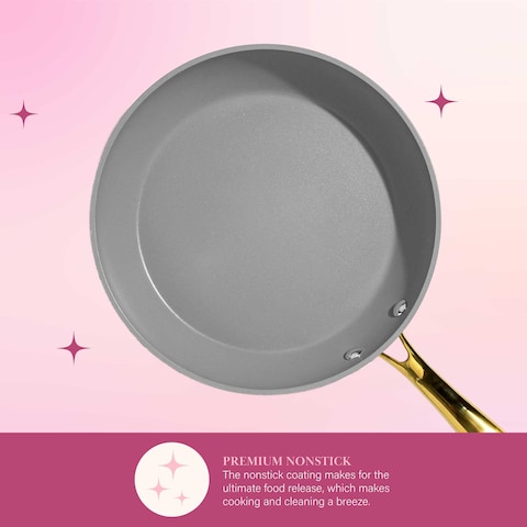 Paris Hilton Iconic Nonstick Pots and Pans Set Multilayer Nonstick Coating Matching Lids With Gold Handles Made without PFOA Dishwasher Safe Cookware Set 10Piece Pink
