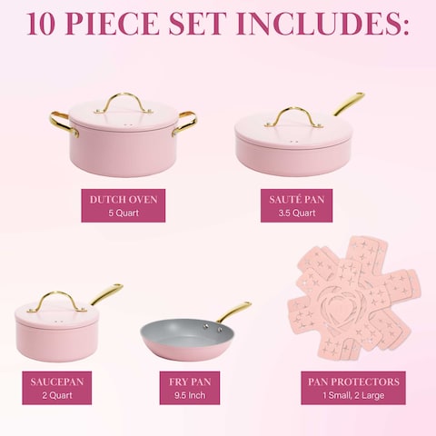 Paris Hilton Iconic Nonstick Pots and Pans Set Multilayer Nonstick Coating Matching Lids With Gold Handles Made without PFOA Dishwasher Safe Cookware Set 10Piece Pink