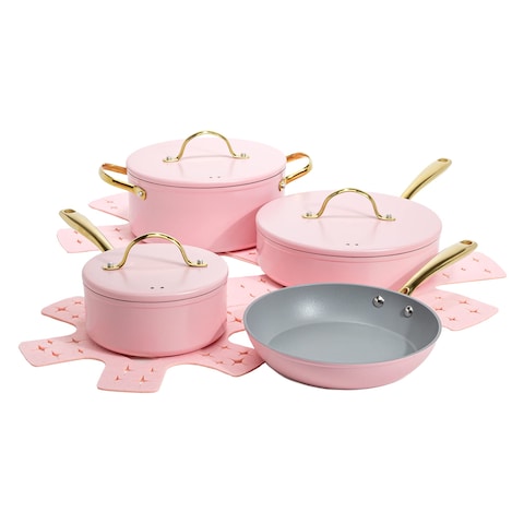 Paris Hilton Iconic Nonstick Pots and Pans Set Multilayer Nonstick Coating Matching Lids With Gold Handles Made without PFOA Dishwasher Safe Cookware Set 10Piece Pink